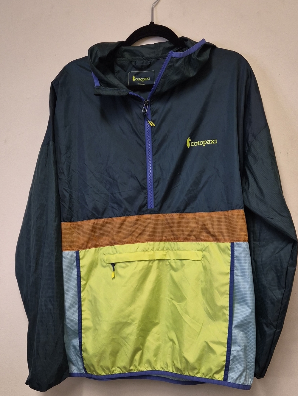 cotopaxi Navy Windbreaker with Lime, Brown & Light Blue Panels Size M